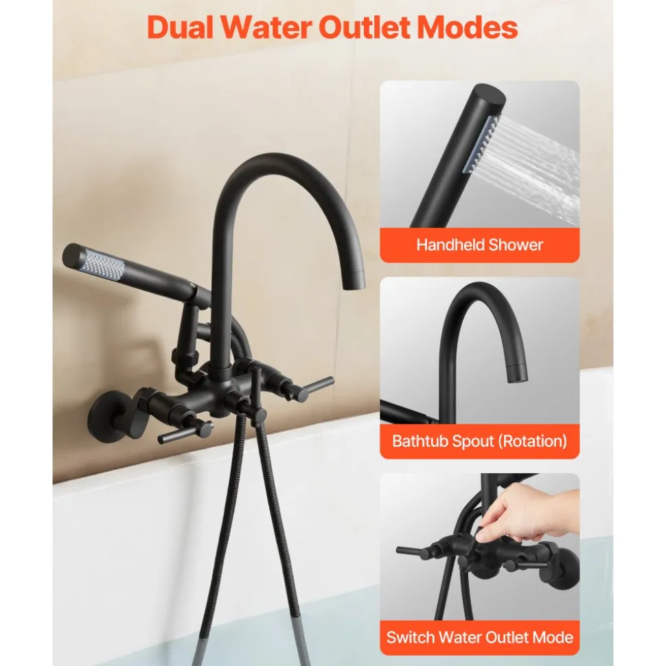 VEVOR Clawfoot Tub Faucet, Wall-Mounted Bathtub Faucet with Handheld Shower, Vintage Matte Black Clawfoot Tub Filler Shower Kit with Adjustable Swing Arms & Rotatable Gooseneck Spout for Bathtubs