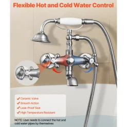VEVOR Clawfoot Tub Faucet, Wall Mount Bathtub Faucets with Handheld Shower, Vintage Brushed Nickel Clawfoot Tub Filler Faucet Shower Kit with Adjustable Swing Arms & 360° Rotation Spout for Bathtubs