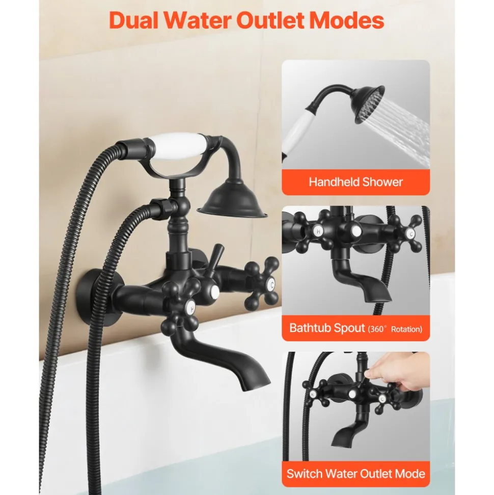 VEVOR Clawfoot Tub Faucet, Wall Mount Bathtub Faucets with Handheld Shower, Vintage Matte Black Clawfoot Tub Filler Faucet Shower Kit with Adjustable Swing Arms & 360° Rotation Spout for Bathtubs
