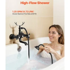 VEVOR Clawfoot Tub Faucet, Wall Mount Bathtub Faucets with Handheld Shower, Vintage Matte Black Clawfoot Tub Filler Faucet Shower Kit with Adjustable Swing Arms & 360° Rotation Spout for Bathtubs