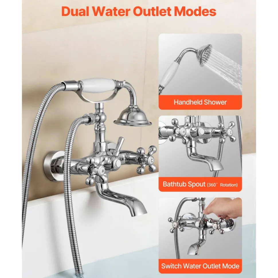 VEVOR Clawfoot Tub Faucet, Wall Mount Bathtub Faucets with Handheld Shower, Vintage Polished Chrome Clawfoot Tub Filler Faucet Shower Kit with Adjustable Swing Arms & 360° Rotation Spout for Bathtubs
