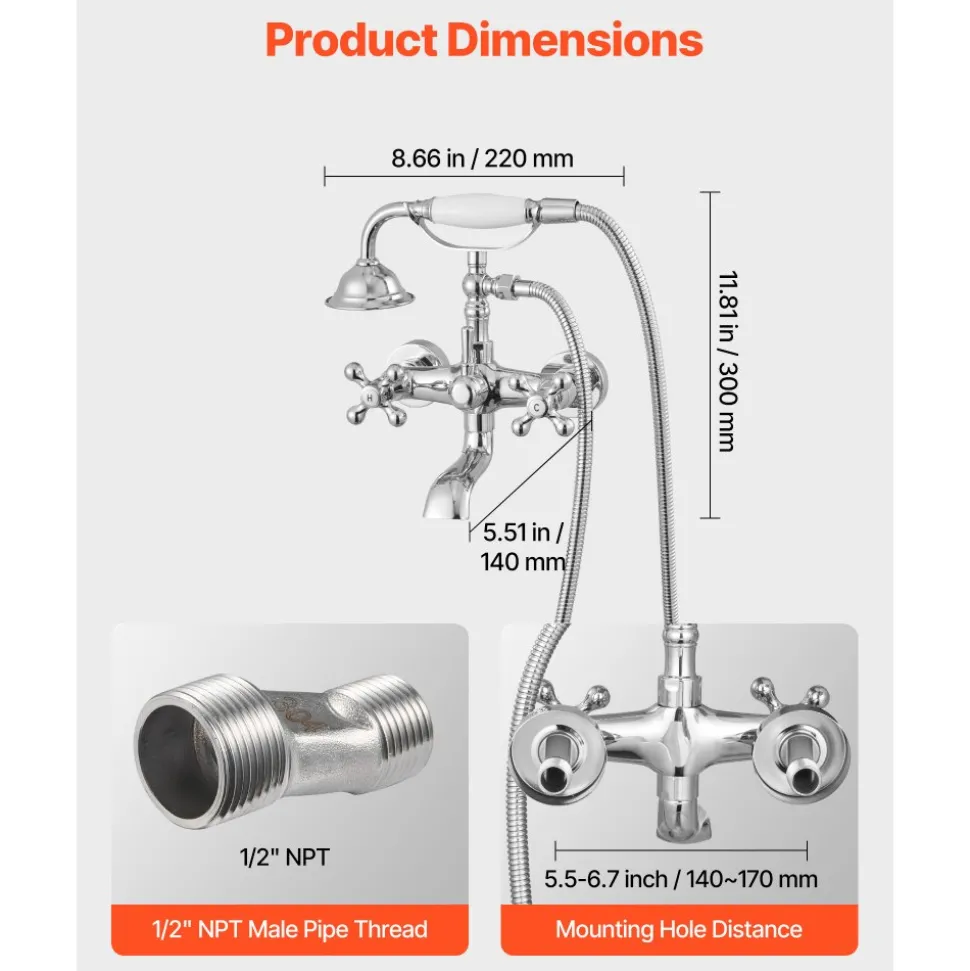 VEVOR Clawfoot Tub Faucet, Wall Mount Bathtub Faucets with Handheld Shower, Vintage Polished Chrome Clawfoot Tub Filler Faucet Shower Kit with Adjustable Swing Arms & 360° Rotation Spout for Bathtubs