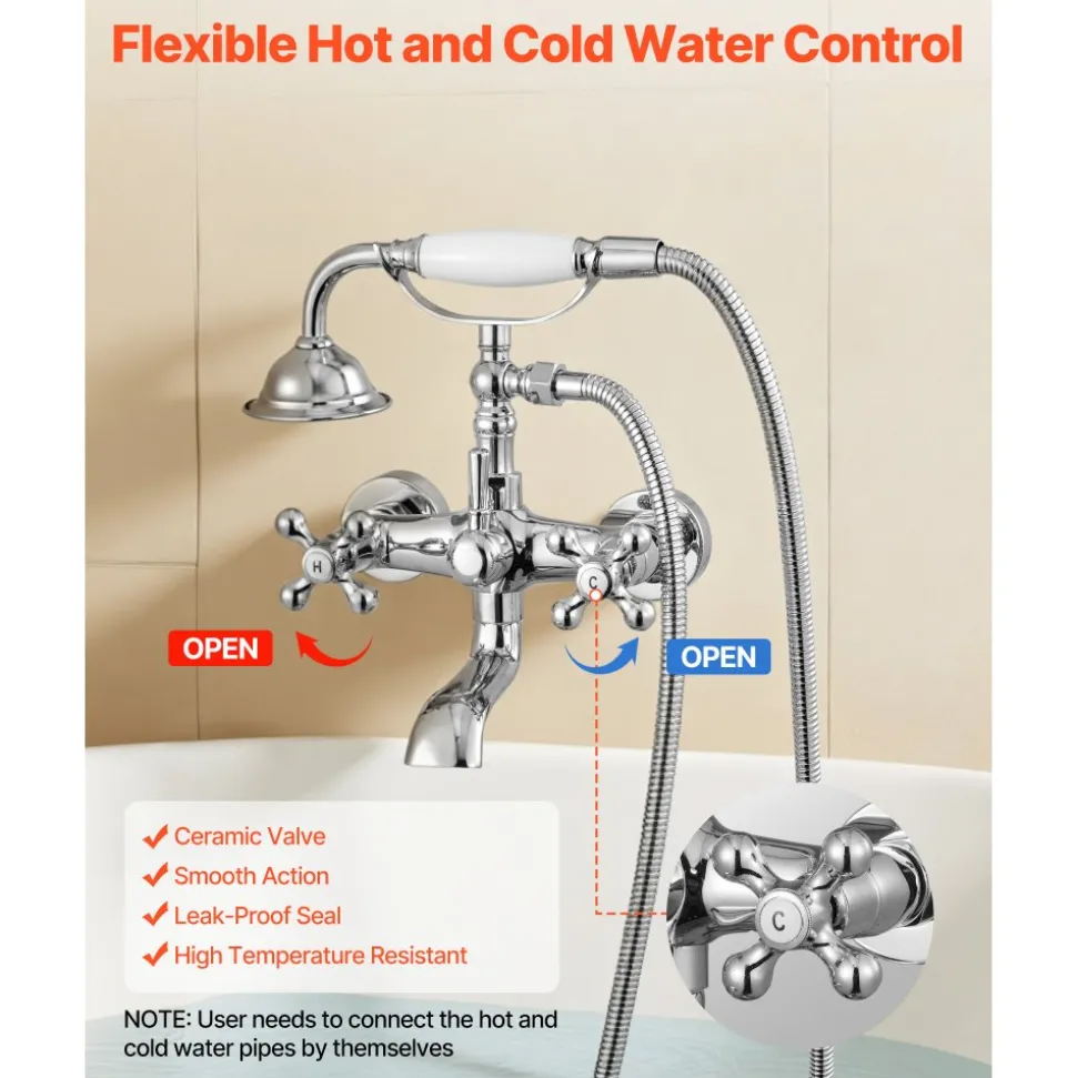 VEVOR Clawfoot Tub Faucet, Wall Mount Bathtub Faucets with Handheld Shower, Vintage Polished Chrome Clawfoot Tub Filler Faucet Shower Kit with Adjustable Swing Arms & 360° Rotation Spout for Bathtubs