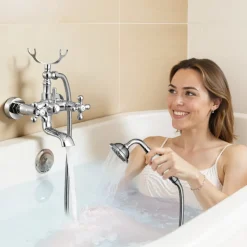 VEVOR Clawfoot Tub Faucet, Wall Mount Bathtub Faucets with Handheld Shower, Vintage Polished Chrome Clawfoot Tub Filler Faucet Shower Kit with Adjustable Swing Arms & 360° Rotation Spout for Bathtubs