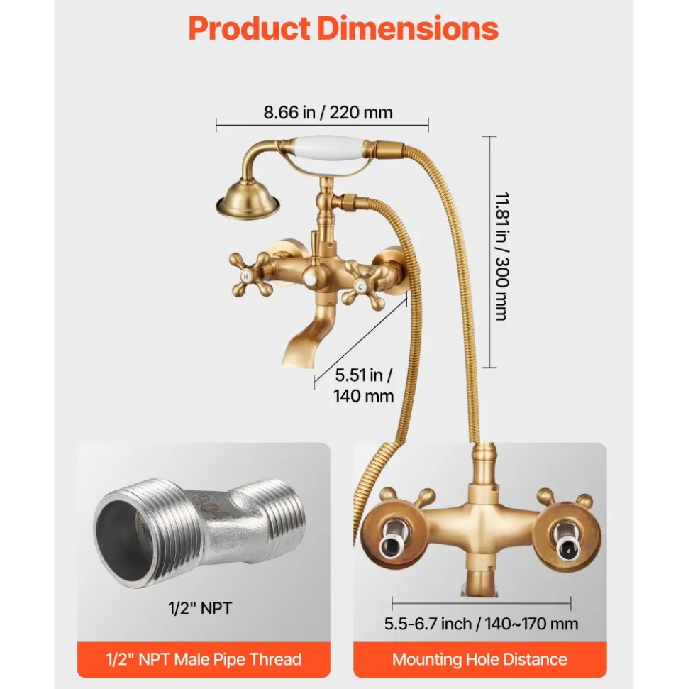 VEVOR Clawfoot Tub Faucet, Wall Mount Bathtub Faucets with Handheld Shower, Vintage Brushed Gold Clawfoot Tub Filler Faucet Shower Kit with Adjustable Swing Arms & 360° Rotation Spout for Bathtubs