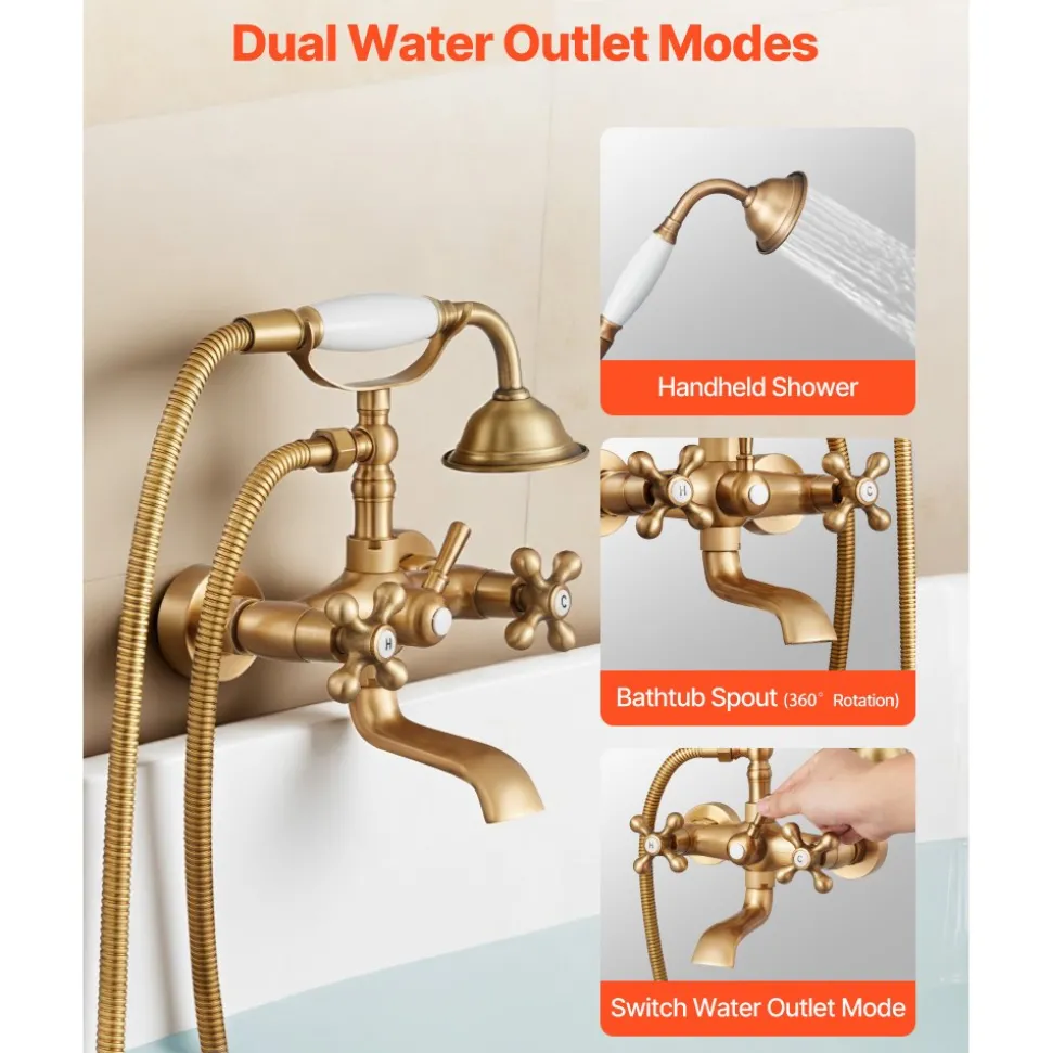 VEVOR Clawfoot Tub Faucet, Wall Mount Bathtub Faucets with Handheld Shower, Vintage Brushed Gold Clawfoot Tub Filler Faucet Shower Kit with Adjustable Swing Arms & 360° Rotation Spout for Bathtubs