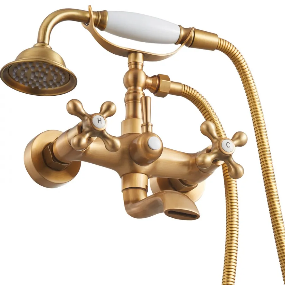 VEVOR Clawfoot Tub Faucet, Wall Mount Bathtub Faucets with Handheld Shower, Vintage Brushed Gold Clawfoot Tub Filler Faucet Shower Kit with Adjustable Swing Arms & 360° Rotation Spout for Bathtubs