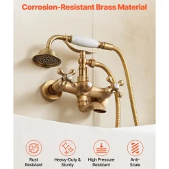 VEVOR Clawfoot Tub Faucet, Wall Mount Bathtub Faucets with Handheld Shower, Vintage Brushed Gold Clawfoot Tub Filler Faucet Shower Kit with Adjustable Swing Arms & 360° Rotation Spout for Bathtubs