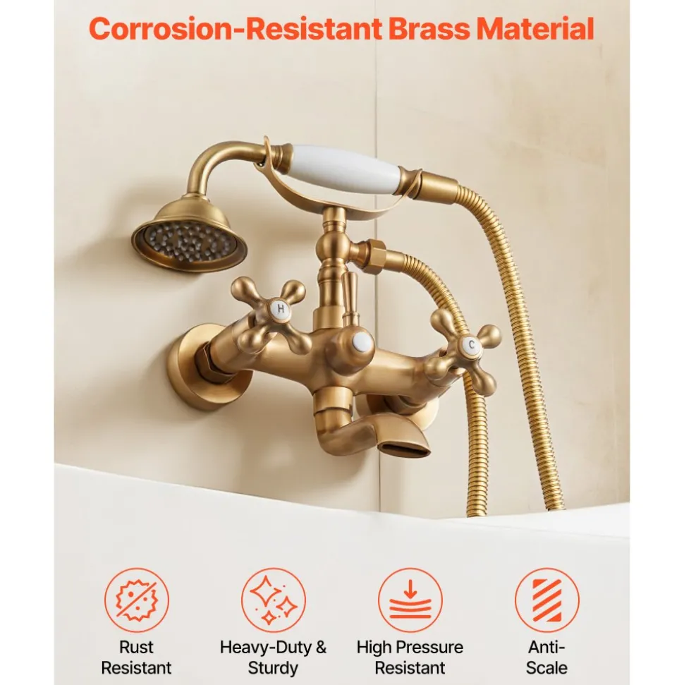 VEVOR Clawfoot Tub Faucet, Wall Mount Bathtub Faucets with Handheld Shower, Vintage Brushed Gold Clawfoot Tub Filler Faucet Shower Kit with Adjustable Swing Arms & 360° Rotation Spout for Bathtubs