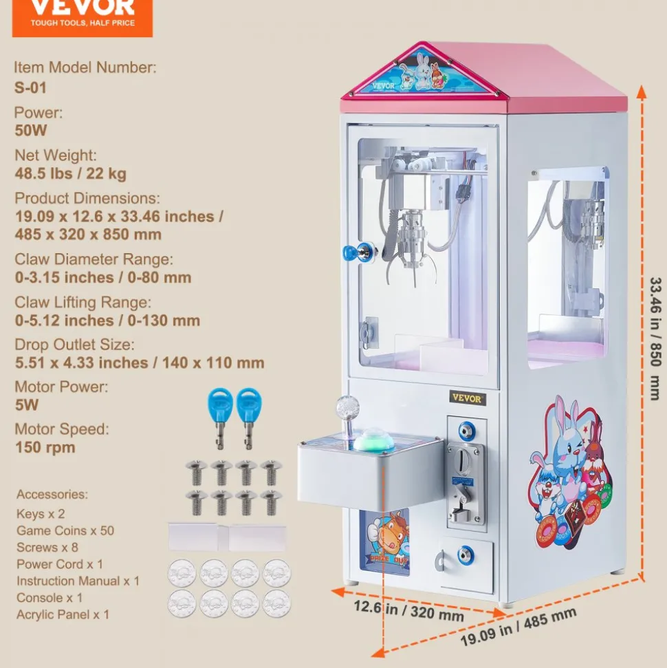 VEVOR Claw Machine, 0-3” Jaw Diameter 0-5” Jaw lifting, Crane Prize Grabber Commercial Arcade Game Toys, Cool Fun Grab-And-Win Machine w/ Light and Sound, Dispenser Vending Toy For Kids,Boys &Girls