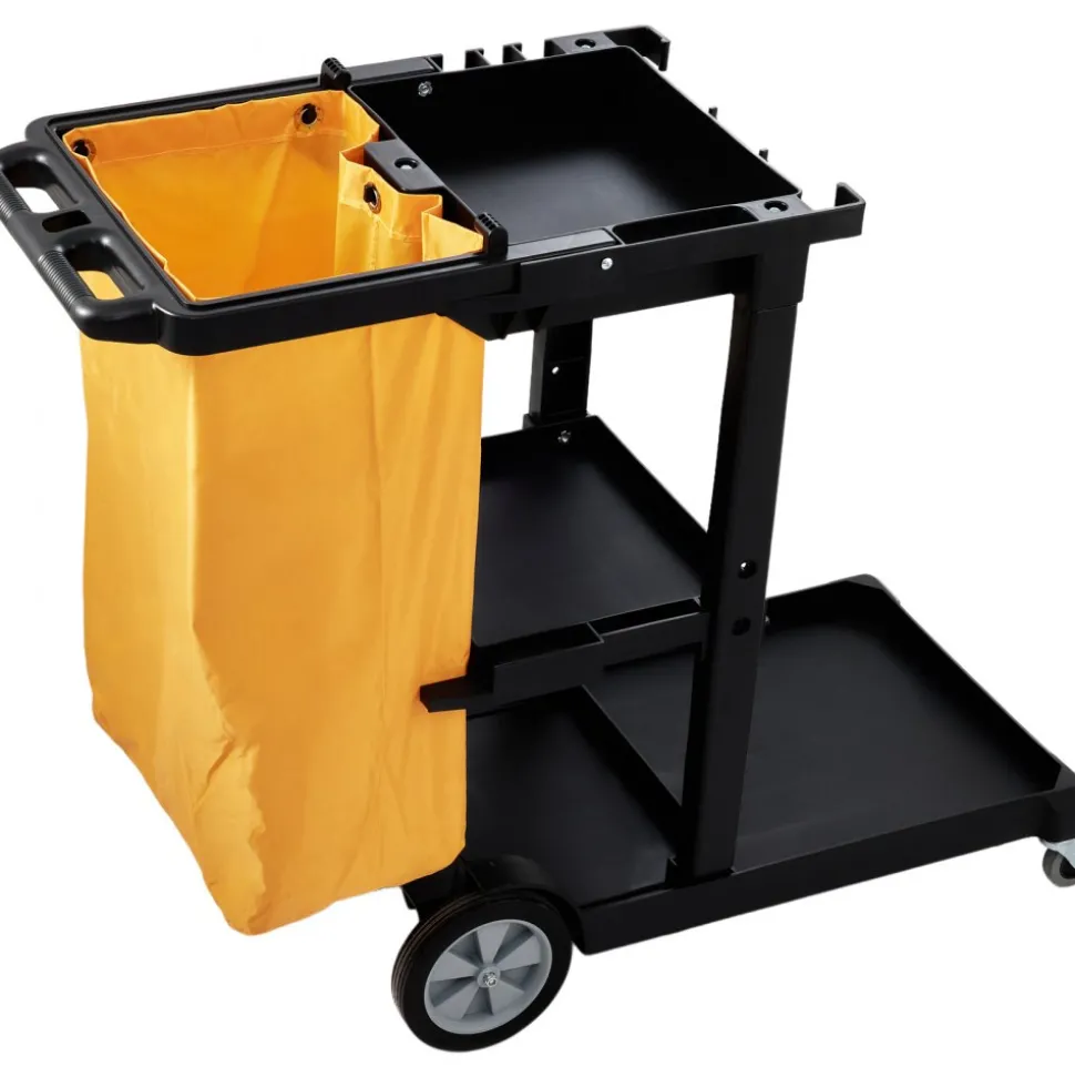 VEVOR Cleaning Cart, 3-Shelf Commercial Janitorial Cart, 200 lbs Capacity Plastic Housekeeping Cart, with 25 Gallon PVC Bag, 47 x 20 x 38.6in, Yellow & Black