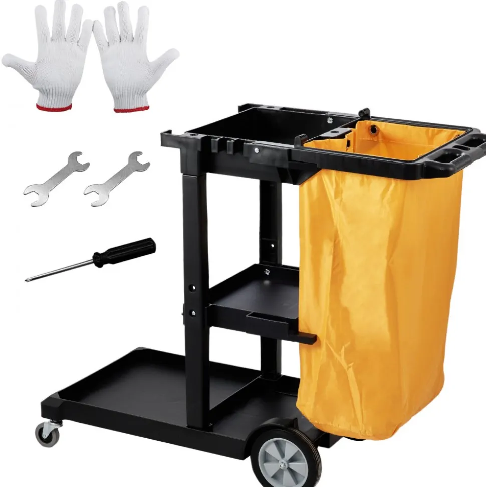 VEVOR Cleaning Cart, 3-Shelf Commercial Janitorial Cart, 200 lbs Capacity Plastic Housekeeping Cart, with 25 Gallon PVC Bag, 47 x 20 x 38.6in, Yellow & Black