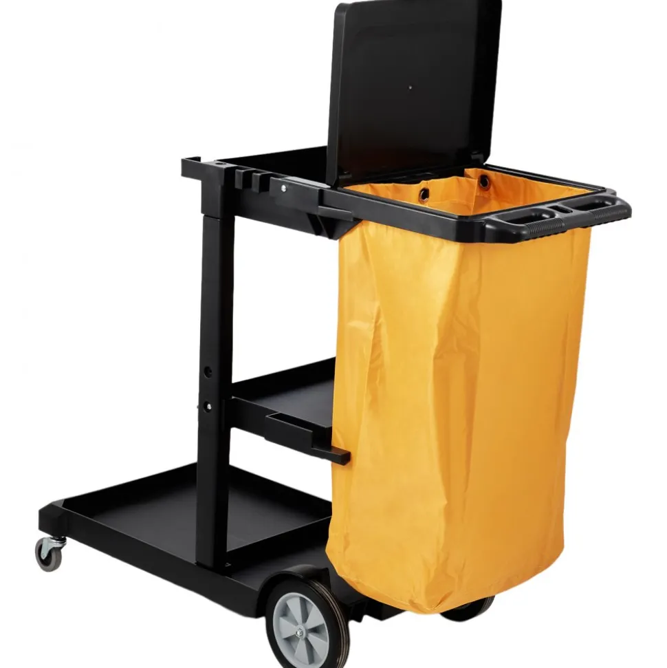 VEVOR Cleaning Cart, 3-Shelf Commercial Janitorial Cart, 200 lbs Capacity Plastic Housekeeping Cart, with 25 Gallon PVC Bag and Cover, 47 x 20 x 38.6in, Yellow&Black