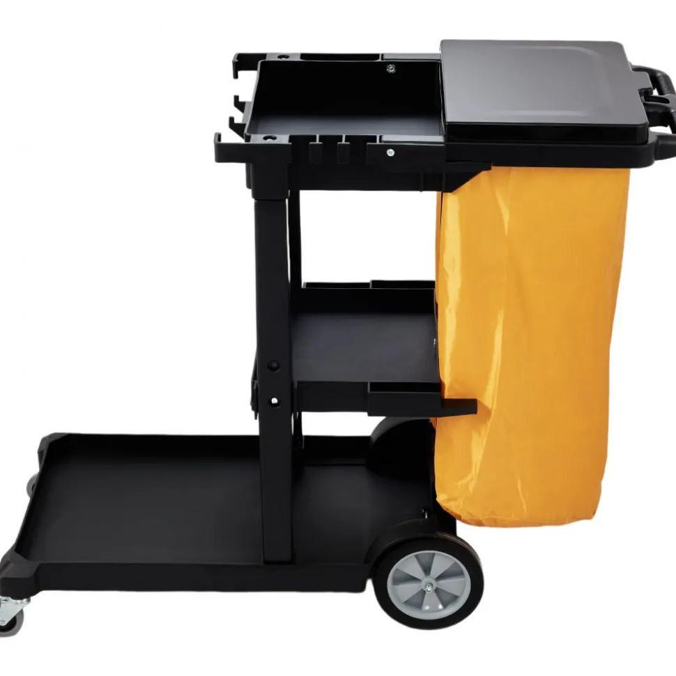 VEVOR Cleaning Cart, 3-Shelf Commercial Janitorial Cart, 200 lbs Capacity Plastic Housekeeping Cart, with 25 Gallon PVC Bag and Cover, 47 x 20 x 38.6in, Yellow&Black