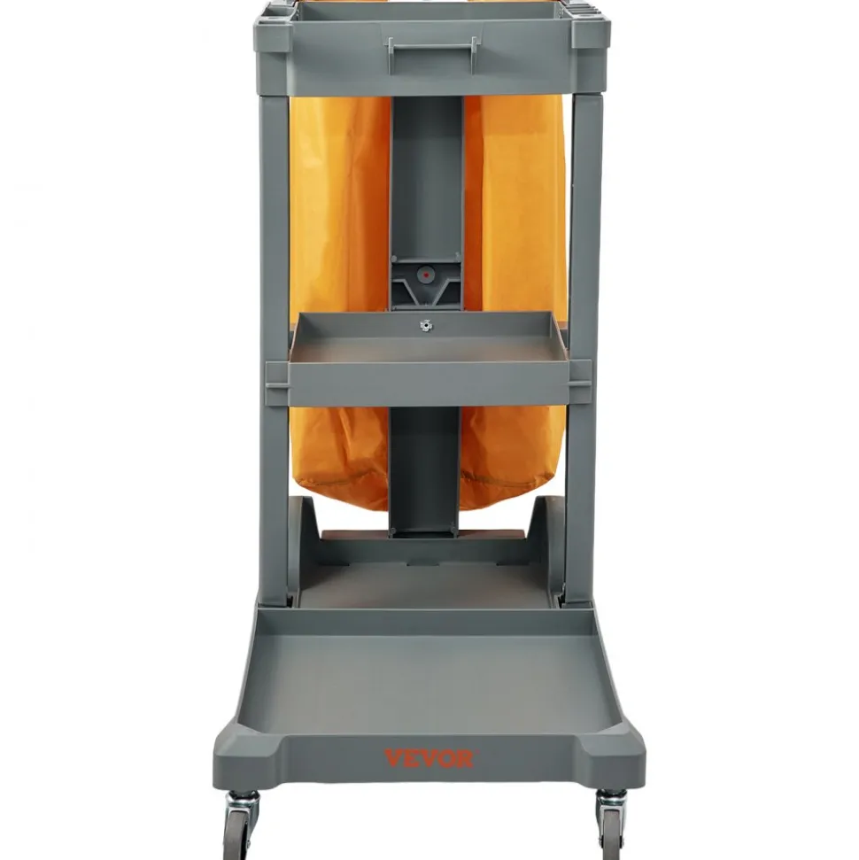 VEVOR Cleaning Cart, 3-Shelf Commercial Janitorial Cart, 200 lbs Capacity Plastic Housekeeping Cart, with 25 Gallon PVC Bag, 47" x 20" x 38.6", Yellow+Grey