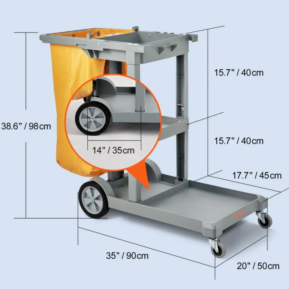 VEVOR Cleaning Cart, 3-Shelf Commercial Janitorial Cart, 200 lbs Capacity Plastic Housekeeping Cart, with 25 Gallon PVC Bag, 47" x 20" x 38.6", Yellow+Grey