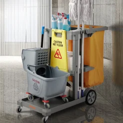 VEVOR Cleaning Cart, 3-Shelf Commercial Janitorial Cart, 200 lbs Capacity Plastic Housekeeping Cart, with 25 Gallon PVC Bag, 47