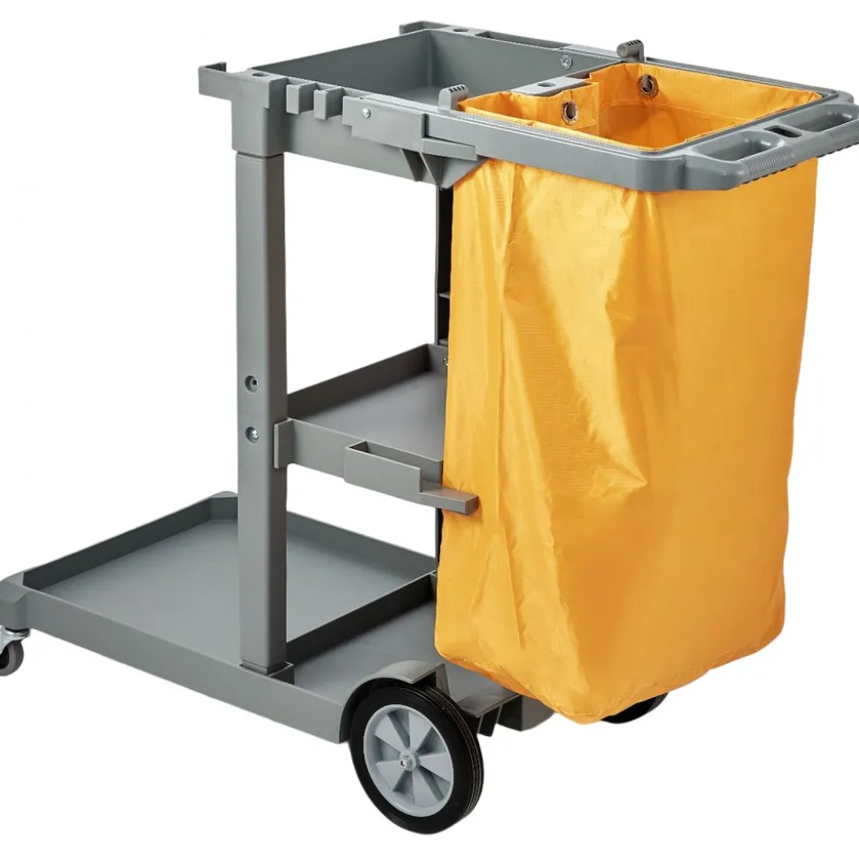 VEVOR Cleaning Cart, 3-Shelf Commercial Janitorial Cart, 200 lbs Capacity Plastic Housekeeping Cart, with 25 Gallon PVC Bag, 47" x 20" x 38.6", Yellow+Grey