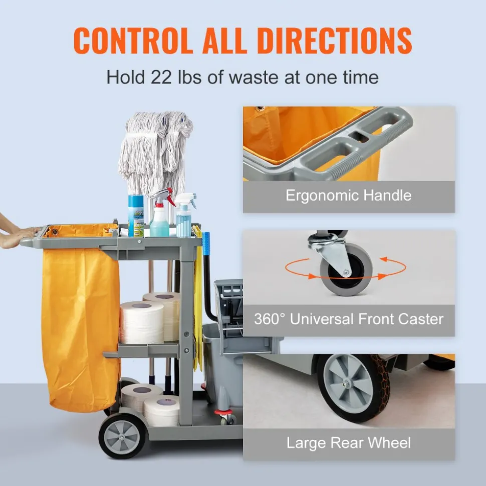 VEVOR Cleaning Cart, 3-Shelf Commercial Janitorial Cart, 200 lbs Capacity Plastic Housekeeping Cart, with 25 Gallon PVC Bag, 47" x 20" x 38.6", Yellow+Grey