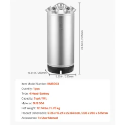 VEVOR Cleaning Keg, 5 Gallon/19L Keg Line Cleaning Kit with 4 D Coupler Connections & Rubber Base, Beer Lines Cleaner Used for Beer Line Cleaning, 304 Stainless Steel Kegerator Beers Lines Cleaner Kit