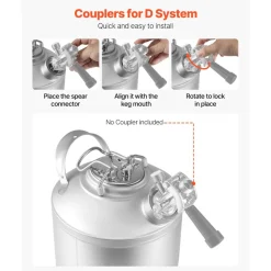 VEVOR Cleaning Keg, 1.75 Gallon/6.5L Keg Line Cleaning Kit with D Coupler Connection & Rubber Base, Beer Lines Cleaner Used for Beer Line Cleaning, 304Stainless Steel Kegerator Beers Lines Cleaner Kit