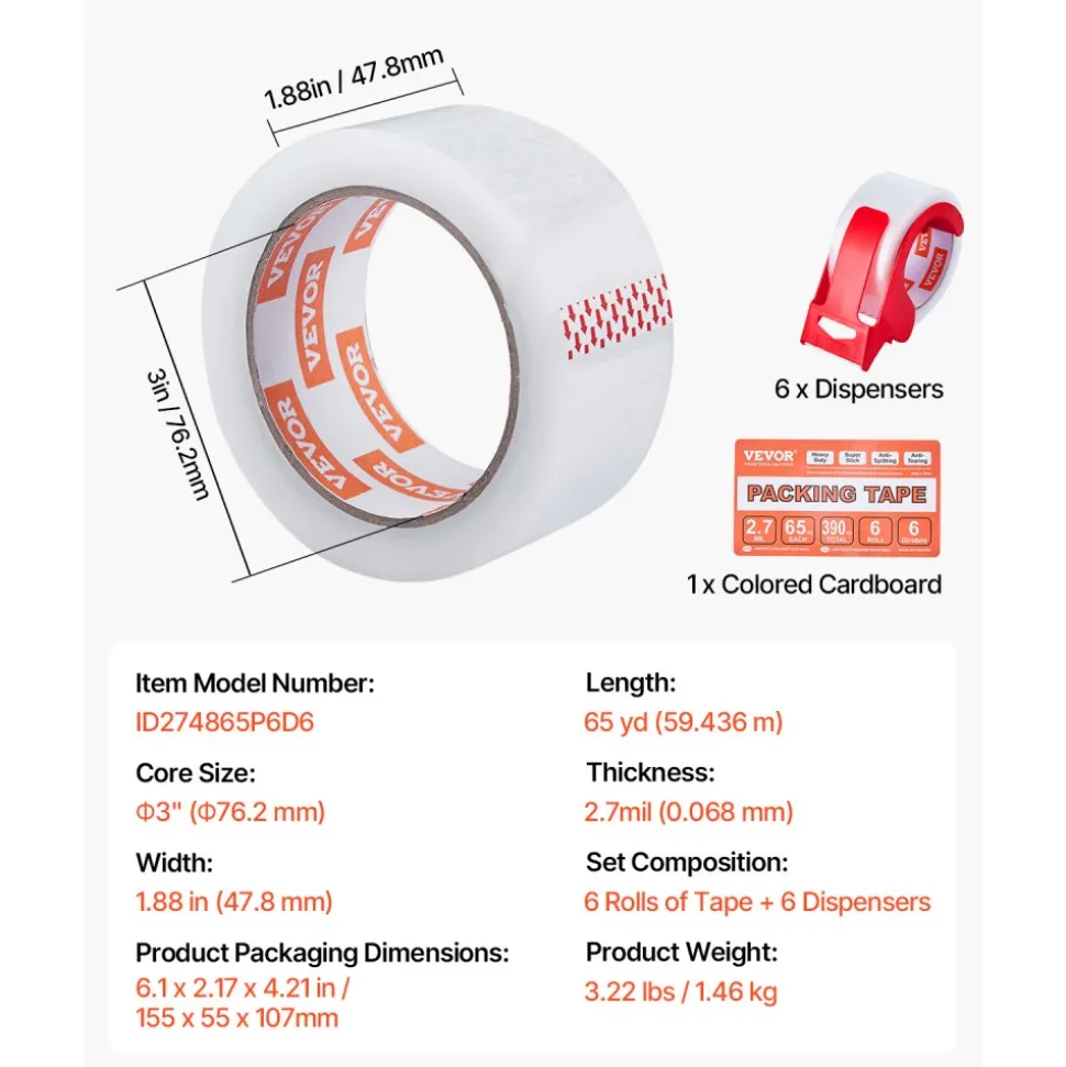 VEVOR Clear Packing Tape, 3 inches Core, 6 Rolls 1.88 Inches x 65 Yards Packing Tape with Dispenser, 2.7 Mil Heavy Duty Packaging Tape Designed for Moving, Storage and Packing, Shipping and Mailing