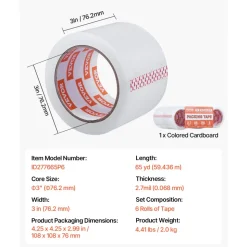 VEVOR Clear Packing Tape, 3 inches Core, 6 Rolls 3 Inches x 65 Yards Packing Tapes, 2.7 Mil Thick, Heavy Duty Packaging Tape Designed for Moving, Storage and Packing, Shipping and Mailing, Office