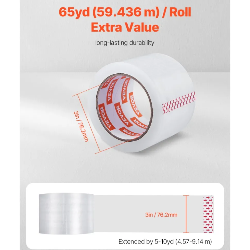 VEVOR Clear Packing Tape, 3 inches Core, 6 Rolls 3 Inches x 65 Yards Packing Tapes, 2.7 Mil Thick, Heavy Duty Packaging Tape Designed for Moving, Storage and Packing, Shipping and Mailing, Office