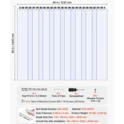 VEVOR Clear PVC Strip Curtain, 96 in Height x 48 in Width x 0.08 in Thickness, 8 PCS Walk in Freezer Cooler Curtain Strips, Smooth Waterproof Plastic Door Strips for Warehouse, Freezer, Garage Doors