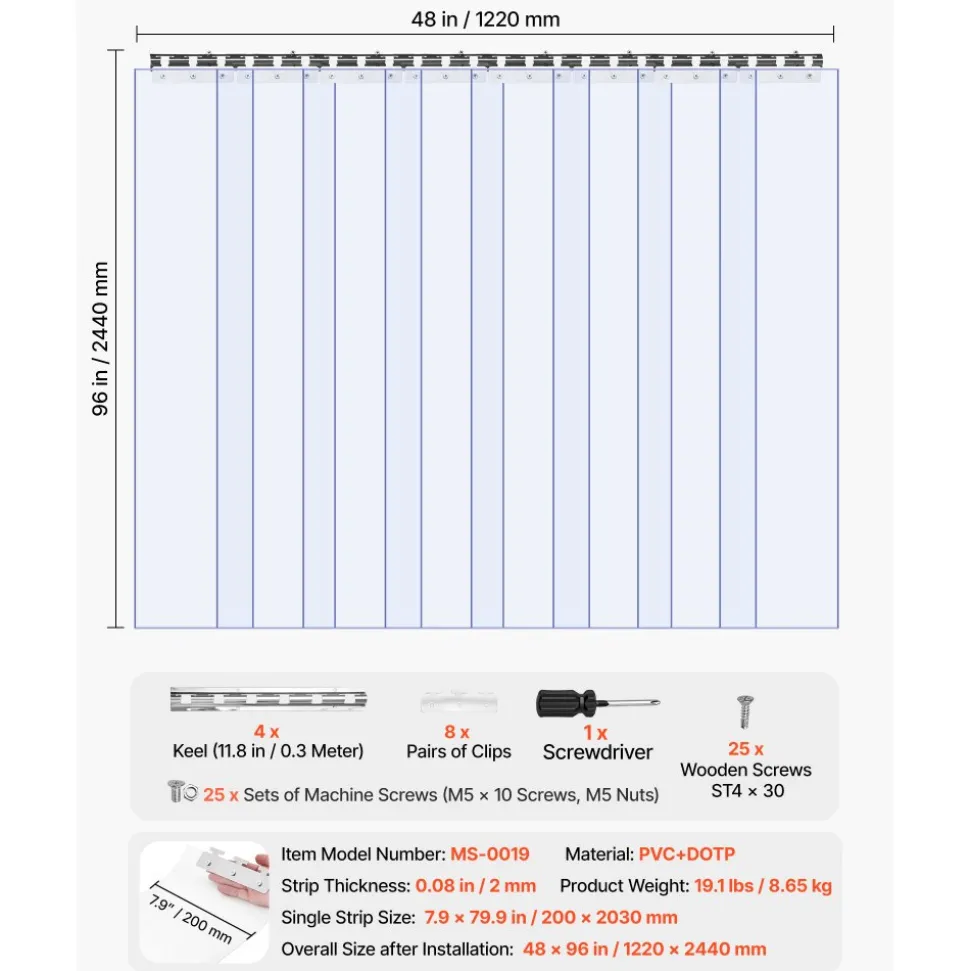 VEVOR Clear PVC Strip Curtain, 96 in Height x 48 in Width x 0.08 in Thickness, 8 PCS Walk in Freezer Cooler Curtain Strips, Smooth Waterproof Plastic Door Strips for Warehouse, Freezer, Garage Doors