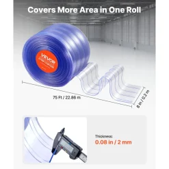 VEVOR Clear PVC Strip Curtain, 75 ft Length x 8 in Width, Ribbed Plastic Door Strip Bulk Roll, Walk in Freezer Cooler Curtain Strips for Doorways of Supermarket, Garage, Warehouse, Pet Animal House