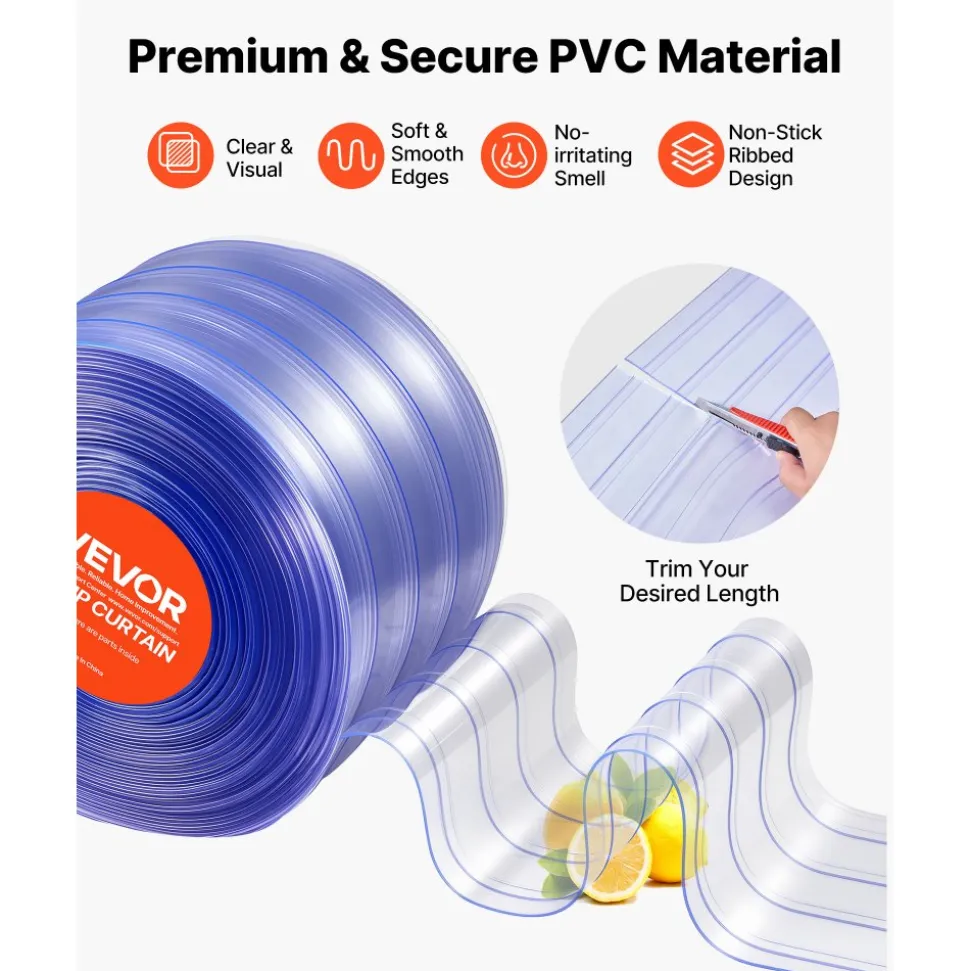 VEVOR Clear PVC Strip Curtain, 75 ft Length x 8 in Width, Ribbed Plastic Door Strip Bulk Roll, Walk in Freezer Cooler Curtain Strips for Doorways of Supermarket, Garage, Warehouse, Pet Animal House
