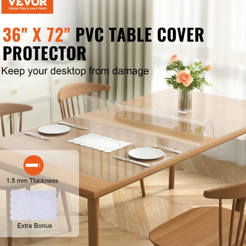 VEVOR Clear Table Cover Protector, 36" x 72" Rectangle Table Cover, 1.5 mm Thick PVC Plastic Tablecloth, Waterproof Desktop Protector for Writing Desk, Coffee Table, Dining Room Table
