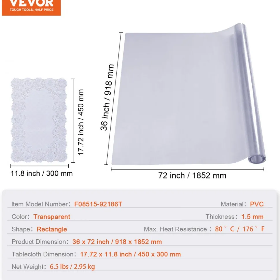 VEVOR Clear Table Cover Protector, 36" x 72" Rectangle Table Cover, 1.5 mm Thick PVC Plastic Tablecloth, Waterproof Desktop Protector for Writing Desk, Coffee Table, Dining Room Table
