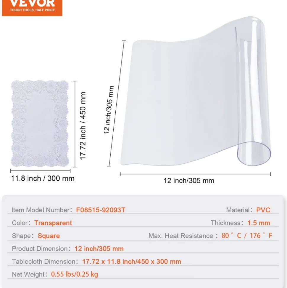 VEVOR Clear Table Cover Protector, 12" x 12"/305 x 305 mm Table Cover, 1.5 mm Thick PVC Plastic Tablecloth, Waterproof Desktop Protector for Writing Desk, Coffee Table, Dining Room Table