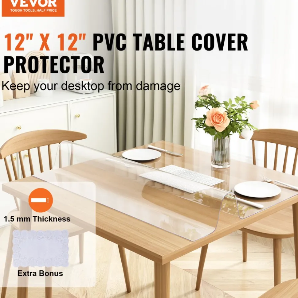 VEVOR Clear Table Cover Protector, 12" x 12"/305 x 305 mm Table Cover, 1.5 mm Thick PVC Plastic Tablecloth, Waterproof Desktop Protector for Writing Desk, Coffee Table, Dining Room Table