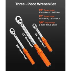 VEVOR Click Torque Wrench Set, 3 Pieces, 1/4, 3/8, 1/2 Inch Drive, 10-170 lbf-ft, 5-45 lbf-ft, 20-240 lbf-in, Dual-direction and Dual Range Scales, 72-Tooth, ±3% High Precision, for Bicycle Repair