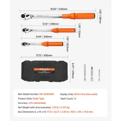 VEVOR Click Torque Wrench Set, 3 Pieces, 1/4, 3/8, 1/2 Inch Drive, 10-170 lbf-ft, 5-45 lbf-ft, 20-240 lbf-in, Dual-direction and Dual Range Scales, 72-Tooth, ±3% High Precision, for Bicycle Repair