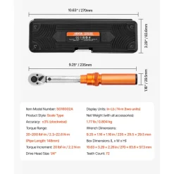 VEVOR Click Torque Wrench Set, 1/4Inch Drive, 20-200lbf-in/2.3-22.6N.m, Dual-direction and Dual Range Scales, 72-Tooth, ±3% High Precision, with Bit Sockets, Extension Bar, for Bicycle Repair, Orange