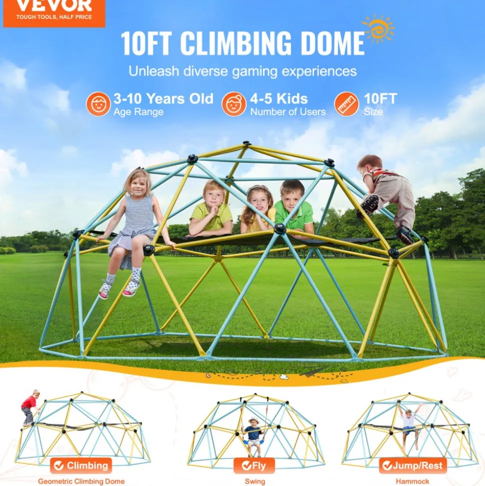 VEVOR Climbing Dome, for Kids 3 to 10 Years Old,10FT Geometric Dome Climber with Hammock and Swing, Jungle Gym Supports 750LBS and Easy Assembly, with Climbing Grip, Outdoor Backyard Play Equipment