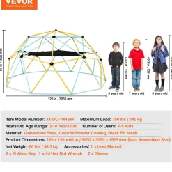 VEVOR Climbing Dome, for Kids 3 to 10 Years Old,10FT Geometric Dome Climber with Hammock and Swing, Jungle Gym Supports 750LBS and Easy Assembly, with Climbing Grip, Outdoor Backyard Play Equipment