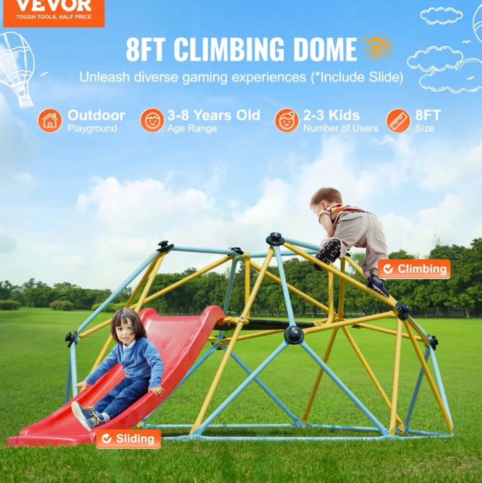 VEVOR Climbing Dome, for Kids 3 to 9 Years Old, 8FT Geometric Dome Climber with Slide,Jungle Gym Supports 600LBS and Easy Assembly, with Climbing Grip, Outdoor and Indoor Play Equipment for Kids