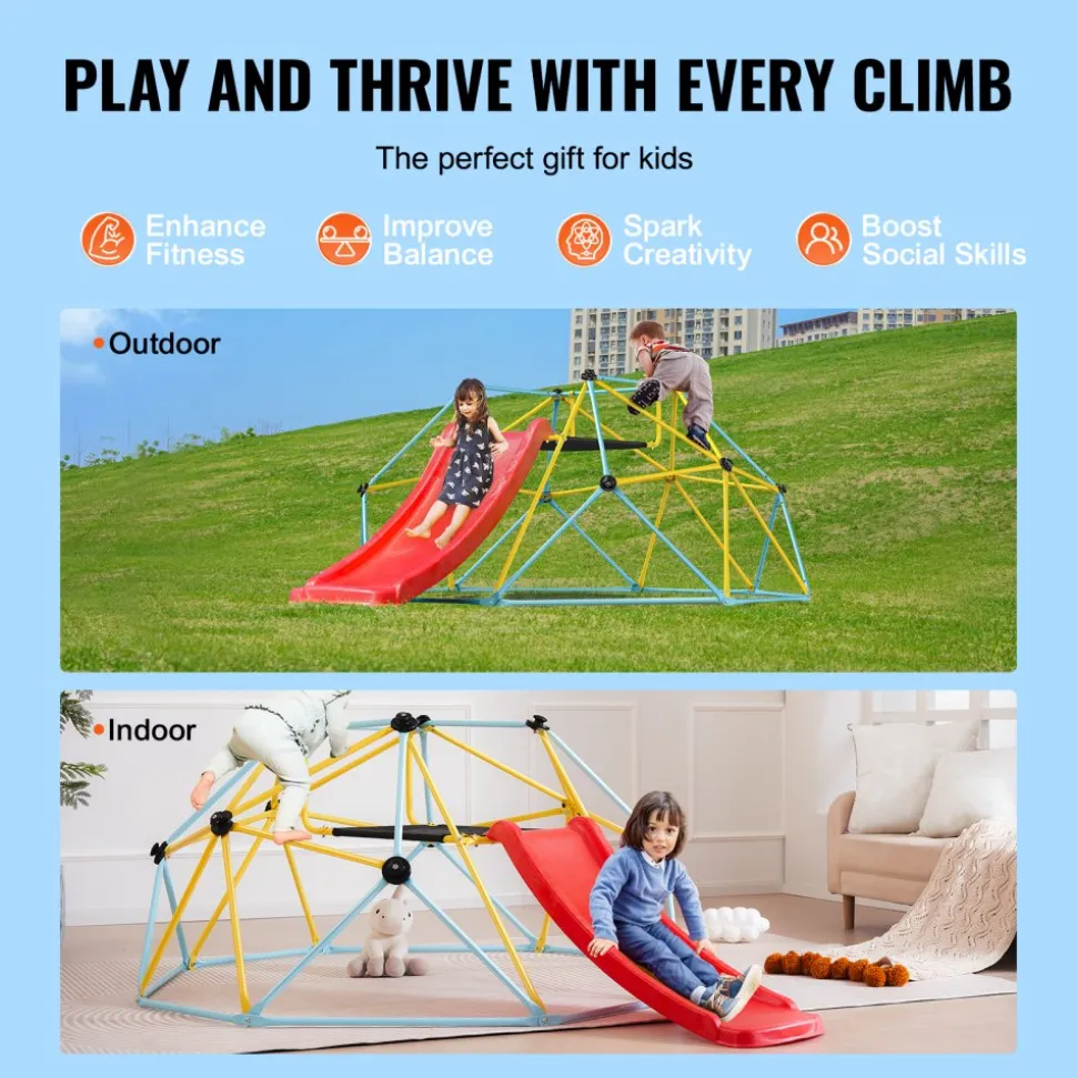 VEVOR Climbing Dome, for Kids 3 to 9 Years Old, 8FT Geometric Dome Climber with Slide,Jungle Gym Supports 600LBS and Easy Assembly, with Climbing Grip, Outdoor and Indoor Play Equipment for Kids