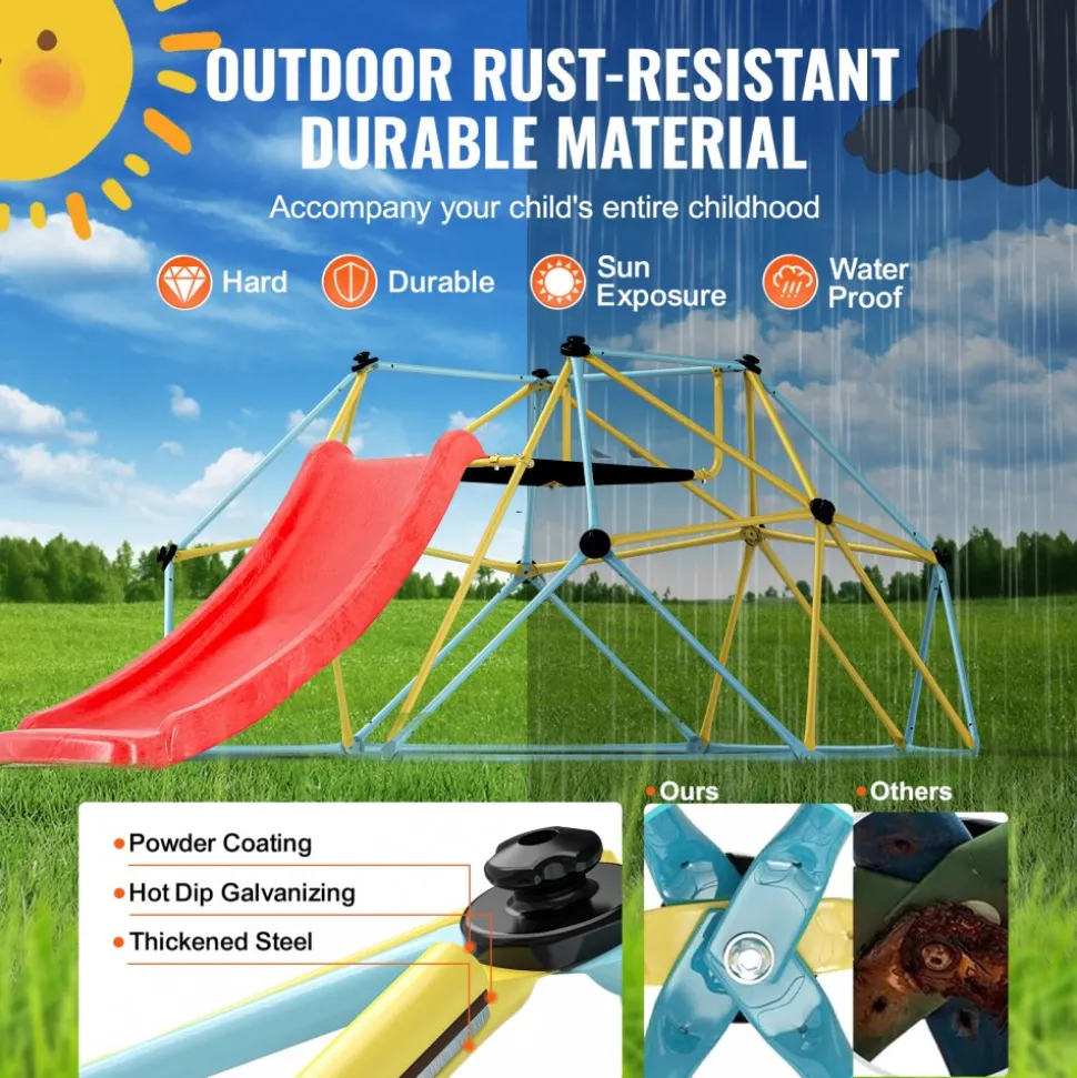 VEVOR Climbing Dome, for Kids 3 to 9 Years Old, 8FT Geometric Dome Climber with Slide,Jungle Gym Supports 600LBS and Easy Assembly, with Climbing Grip, Outdoor and Indoor Play Equipment for Kids