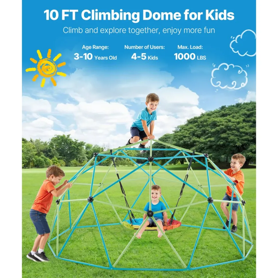 VEVOR Climbing Dome, 10FT Geometric Dome Climber with Saucer Swing, 1000LBS Loading Kid's Jungle Gym Playground, Easy-Assembly Outdoor Backyard Climbing Equipment for Boys Girls 3 to 10 Years Old