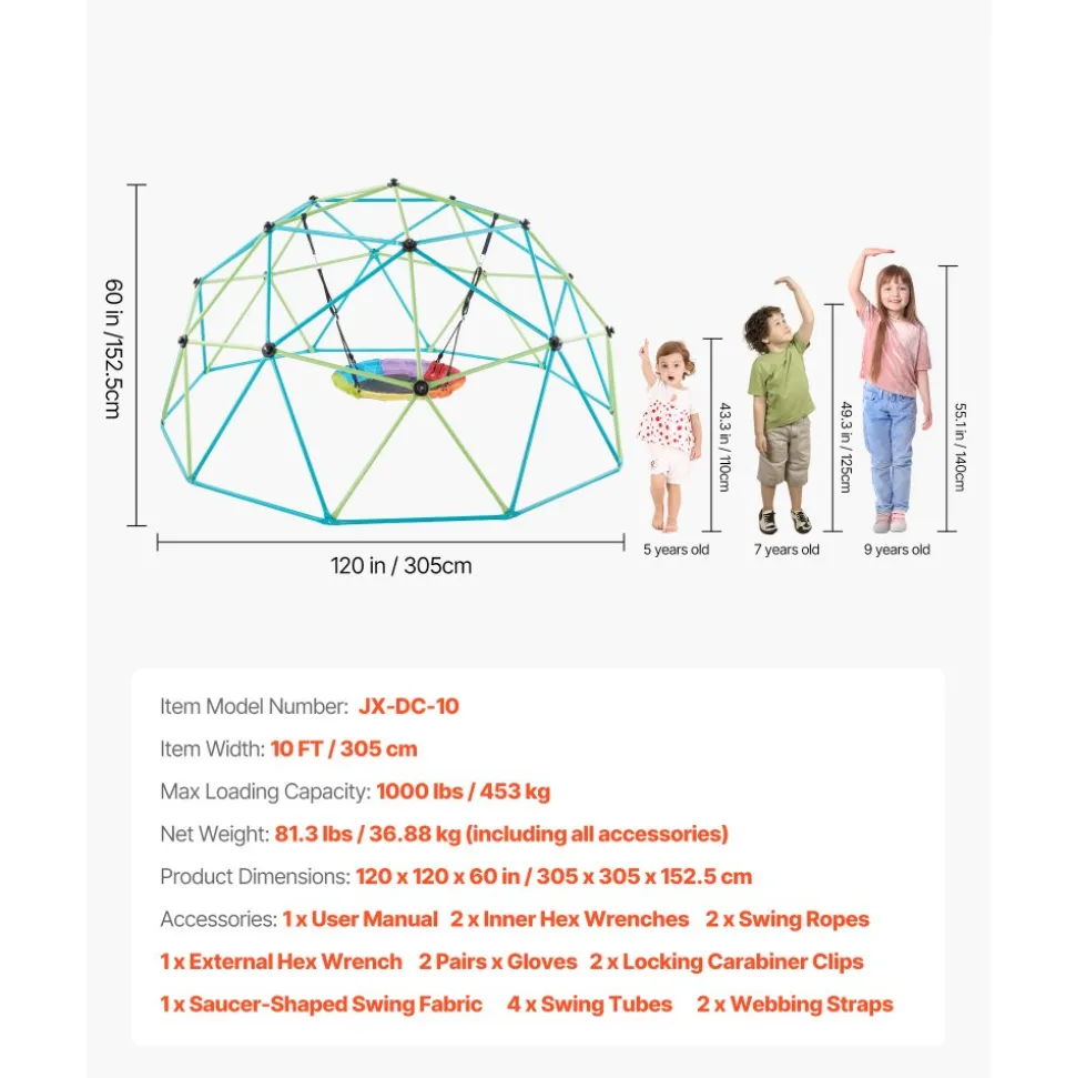 VEVOR Climbing Dome, 10FT Geometric Dome Climber with Saucer Swing, 1000LBS Loading Kid's Jungle Gym Playground, Easy-Assembly Outdoor Backyard Climbing Equipment for Boys Girls 3 to 10 Years Old