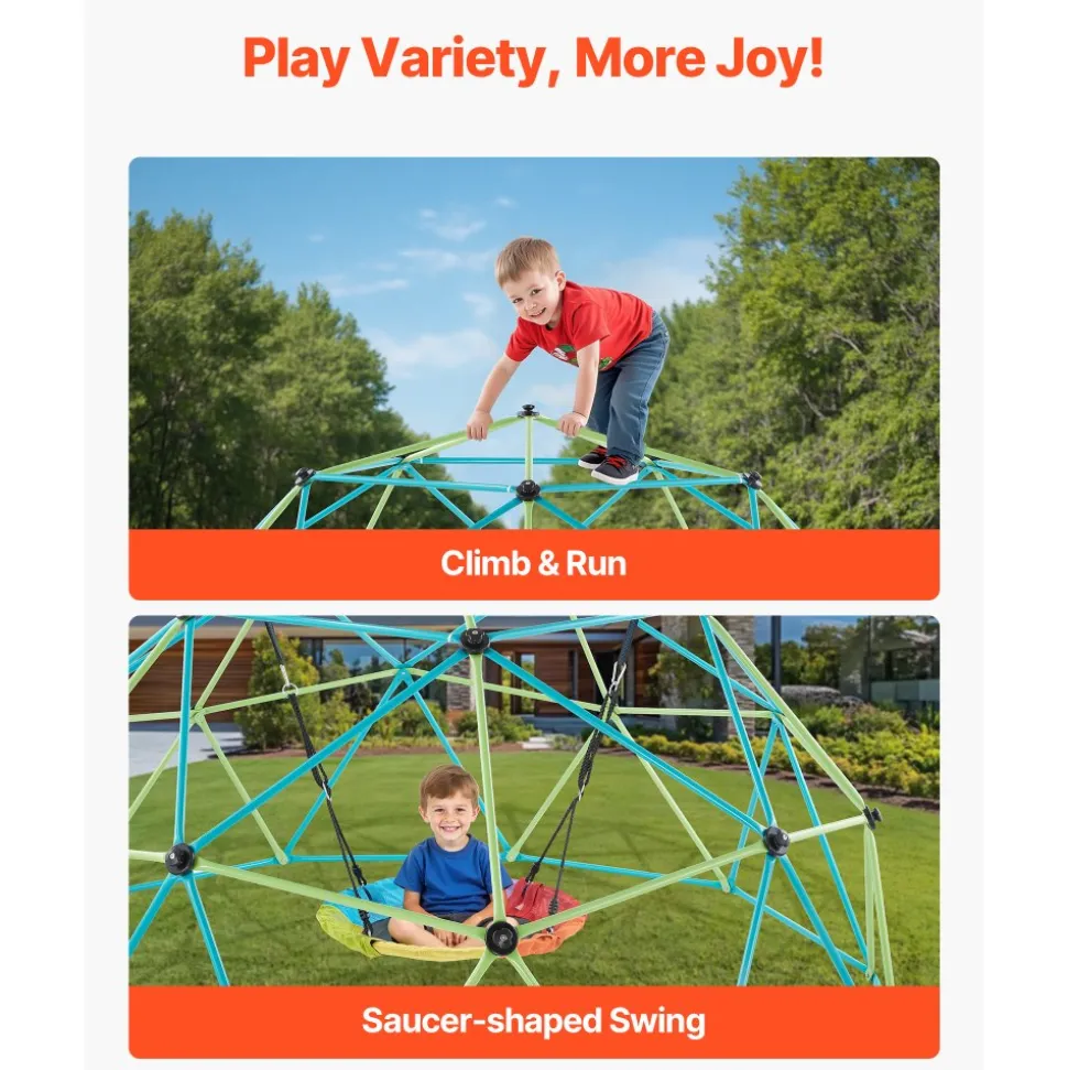 VEVOR Climbing Dome, 10FT Geometric Dome Climber with Saucer Swing, 1000LBS Loading Kid's Jungle Gym Playground, Easy-Assembly Outdoor Backyard Climbing Equipment for Boys Girls 3 to 10 Years Old