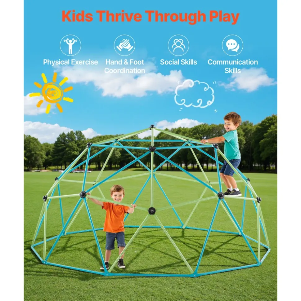 VEVOR Climbing Dome, 10FT Geometric Dome Climber, 1000LBS Loading Jungle Gym Playground with 2 Basketballs & Octopus Net, Easy-Assembly Outdoor Backyard Climbing Equipment for Kids 3 to 10 Years Old
