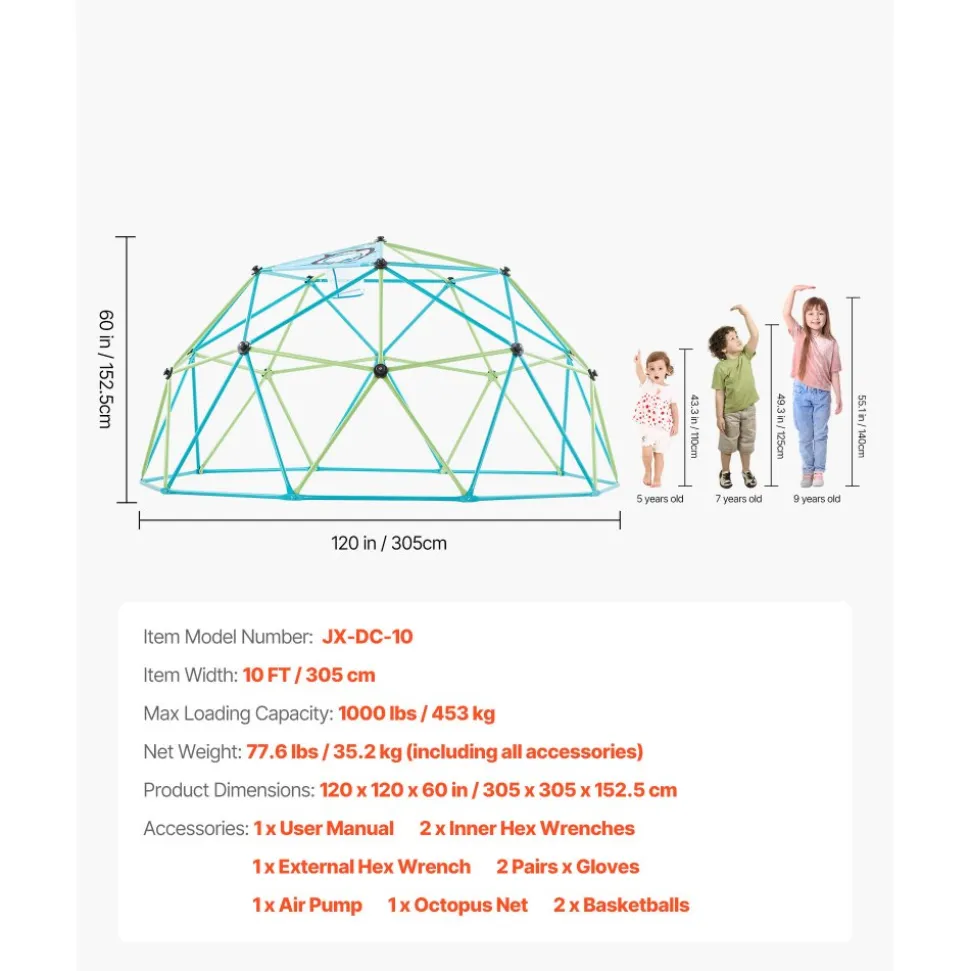 VEVOR Climbing Dome, 10FT Geometric Dome Climber, 1000LBS Loading Jungle Gym Playground with 2 Basketballs & Octopus Net, Easy-Assembly Outdoor Backyard Climbing Equipment for Kids 3 to 10 Years Old
