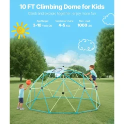 VEVOR Climbing Dome, 10FT Geometric Dome Climber, 1000LBS Loading Jungle Gym Playground with 2 Basketballs & Octopus Net, Easy-Assembly Outdoor Backyard Climbing Equipment for Kids 3 to 10 Years Old